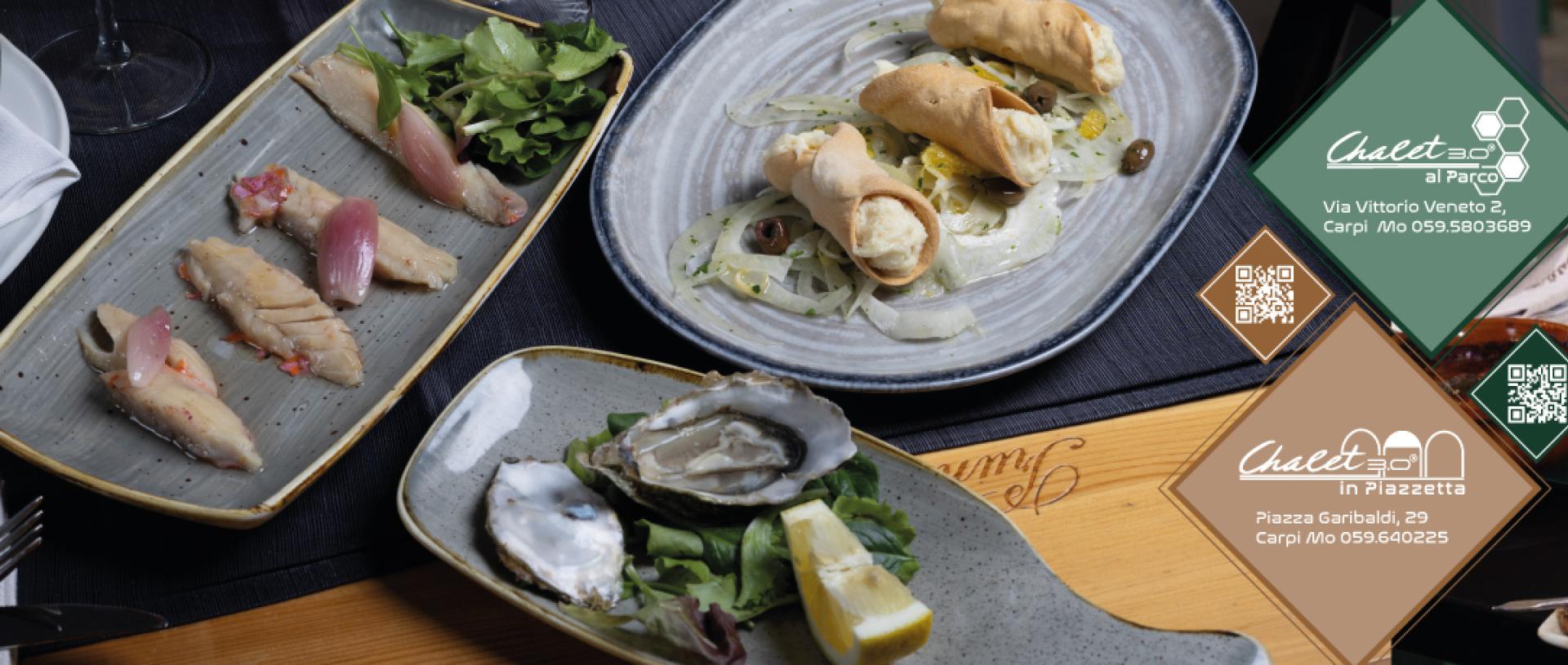Piatti eleganti con pesce, carne e vino rosso; atmosfera conviviale e raffinata.